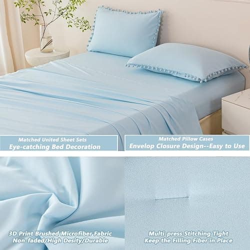 PERFEMET 5 Pieces Twin Bedding Sets Light Blue Pom Pom Comforter for Girls | Soft Fluffy Solid Bed Sets for Bedroom All Season Boho Bed in A Bag for Kids Women with Comforter, Sheets & 2 Pillowcases thumbnail 6