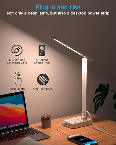 Power Strip with LED Desk Lamp, 3 Outlets 4 USB Ports(2 USB C) 4 Modes 5 Level Touch Lamp Small Desk Lamp for Home Office Bedroom Bedside Study Reading Light, 5ft Extension Cord, Dorm Room Essentials thumbnail 4