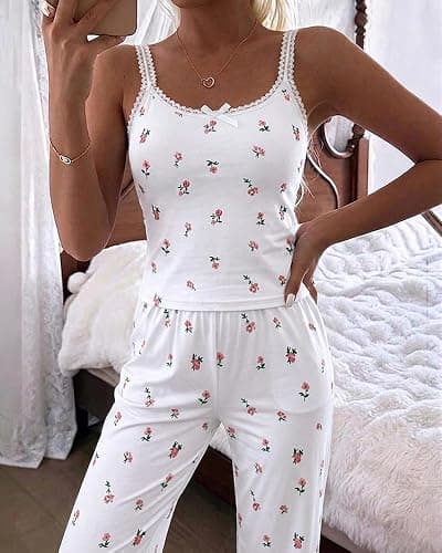 ChicMe Couture Women's Pajamas Set 2 Piece Ditsy Floral Print Lace Cami Top and Pants Loungewear with Pockets Sleepwear thumbnail 6