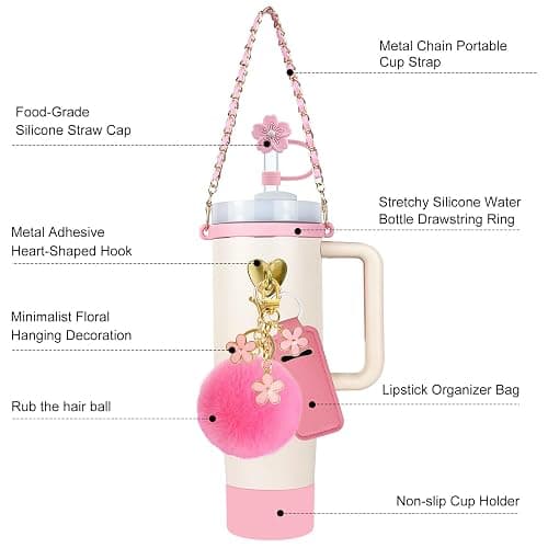 Velaco 11 PCS Accessories for Stanley Cup, Water Bottle Handle Strap for Stanley 30/40 oz tumbler with handle, including Straw Toppers, Silicone Cup Boot, Keychain Charms - PINK thumbnail 5