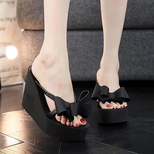 Forevercan Women'S Bow Lace-Up Platform Wedge Flip Flops Fashion Round Peep Toe Slip-On Platform Flip Flops Summer Casual Beach Parties Sandals thumbnail 2