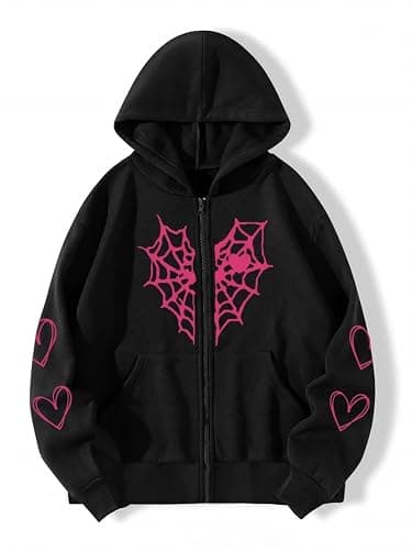 Oversized Y2K Zip Up Hoodie for Women Men Gothic Spider Web Heart Graphic Sweatshirt Punk Harajuku Alt Emo Streetwear thumbnail 2