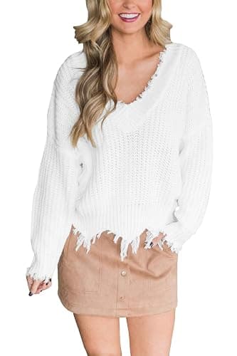 LAMISSCHE Womens Loose Knitted Off The Shoulder Sweater Solid V Neck Long Sleeve Pullover Ripped Crop Top thumbnail 2