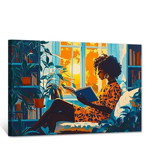 CCWACPP Black Woman Wall Art African American Wall Decor Black Girl Reading Canvas Abstract Modern Prints Study Library Bedroom Decor Framed (30.00 x 45.00 cms) - Image 1