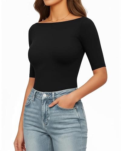MANGOPOP Women's Half Sleeve Boat Neck Bodysuit 3/4 Sleeve Body Suit Fitted Going Out Tops 2026 thumbnail 3