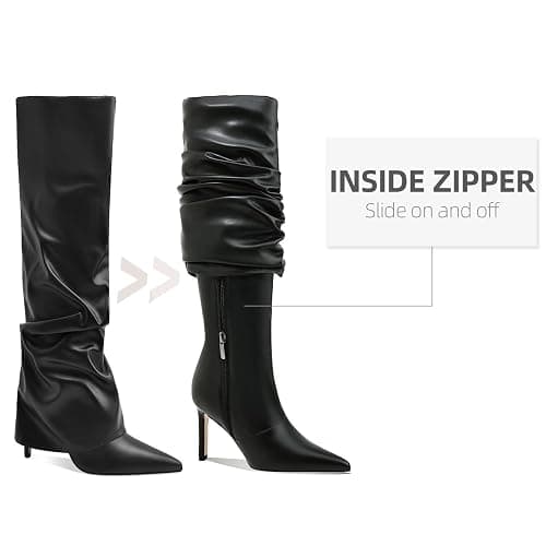 MOTIMODEN Women's Knee High Boots Fold Over High Heel Pointed Toe Black White Long Boots Women Dress Tall Boots for Women thumbnail 4