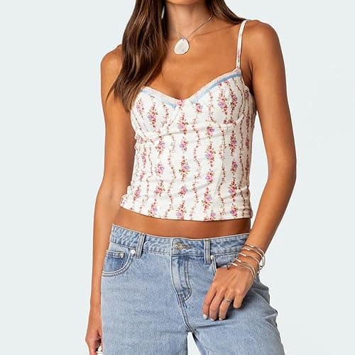 Women Y2k Backless Tank Top Vintage Lace Trim Floral Patchwork Cami Crop Top Summer Party Club Vest 00s Retro Shirt thumbnail 2