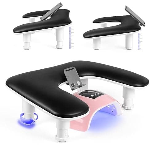 LIONVISON Arm Rest for Nails Tech: U Shaped Adjustable Height Armrest | Ergonomic Nail Hand Rest Stand PU Leather with Rotating Phone Holder for Nail Salon Manicurist - Long-Lasting Black - Image 1