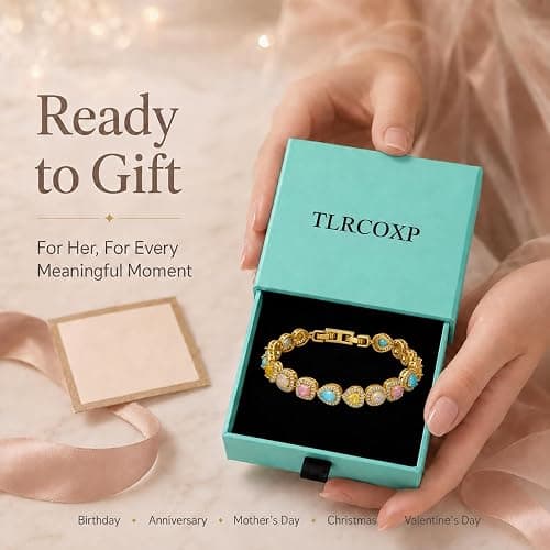 TLRCOXP 18K Gold Plated Tennis Bracelet for Women, Cubic Zirconia CZ Bangle | Heart, oval, square and pear-shaped colorful CZ stones, adjustable 7-7.5 in for Valentine's Day, weddings and bridal jewelry thumbnail 7