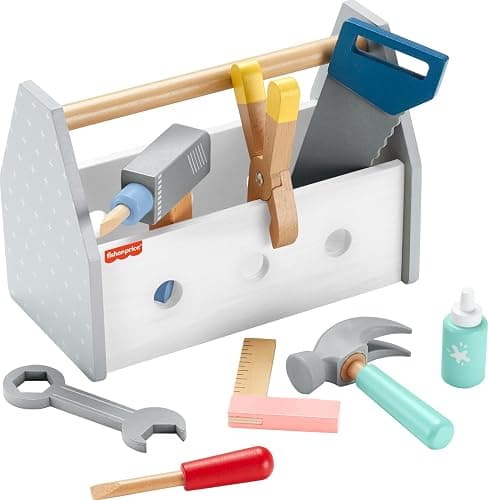 Fisher-Price Wood Pretend Play Toy Tool Box with Drill, 9-Piece Wooden Set for Building Construction Play Preschool Kids Ages 3+ Years - Image 1