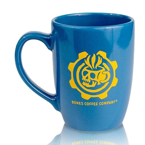 Bones Coffee Company Vault-Tec Fallout Coffee Mug Fallout Merch Handmade | Blue and Yellow | 14 oz Ceramic Mug Official Fallout Series Merchandise thumbnail 3