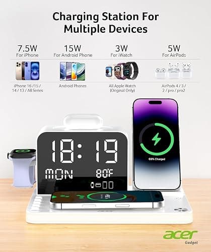 Acer 7-in-1 Wireless Charging Station with LED Clock - 30W Fast Wireless Charger for iPhone 16/15/14/13/12/Pro Max, Apple Watch, AirPods - Bluetooth Auto Time Sync & Night Lights (White) thumbnail 5