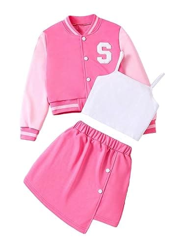 Verdusa Girl's 3 Piece Preppy Outfits Letter Graphic Bomber Jacket and Cami Top with Skirt Clothing Sets - 11-12 Years - Pink and White