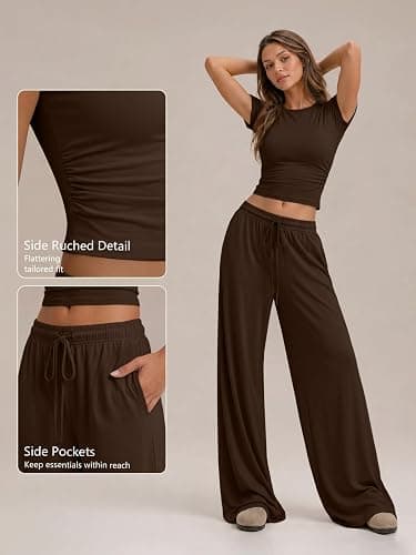 Trendy Queen Women's 2 Piece Matching Summer Lounge Set with Pockets | Vacation Airport Travel Outfits, Workout Gym Clothing Comfy Athleisure Clothes, Side-ruched Top, Drawstring Wide Leg Pants thumbnail 5