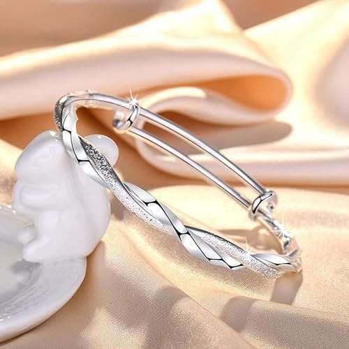 Sterling Silver Bangle Bracelets for Women,Fashion Jewelry Simple Adjustable 925 Silver Cuff Bangles for Women Mom Wife Valentine Mothers Day Gift thumbnail 2
