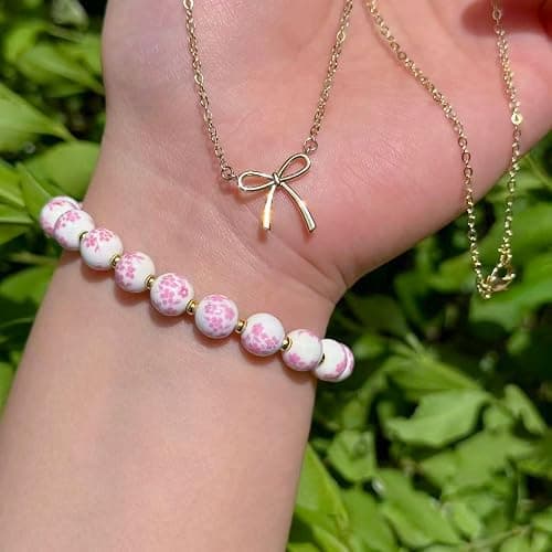 Qiuseadu Bow Bracelet Necklace Set 14K Gold Beaded Bracelet Dainty Bow Pendant Choker Jewelry Gift Set thumbnail 5
