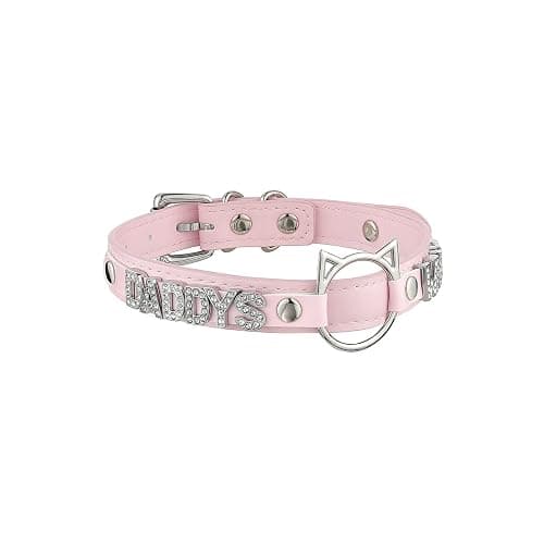 ADEMISHIA Black O-ring Choker Collar For Women, Pink Vegan Leather Choker Necklace Jewelry with Cat-shaped Ring and Rhinestone Letters - Pink - DADDYS thumbnail 2