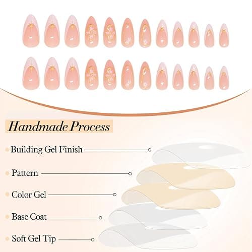 GlamRays Lot de 24 faux ongles à presser en forme d'amande française, moyens, avec motifs floraux 3D, automne nude, faux ongles, pointes scintillantes thumbnail 5