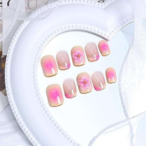 Square Press on Nails Short French Tip Fake Nails with Design 3D Flower Acrylic Nails Gradient Pink Glue on Nails Summer Nails Cute False Nails Coffin Artificial Stick on Nails for Women DIY 24Pcs thumbnail 3
