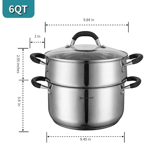 SLOTTET 6 Quart Stainless Steel Stock Pot with Steamer,6 Qt Multipurpose Stockpot with Stay-cool silicone Handle and Glass Lid,Soup Pot for Cooking thumbnail 2