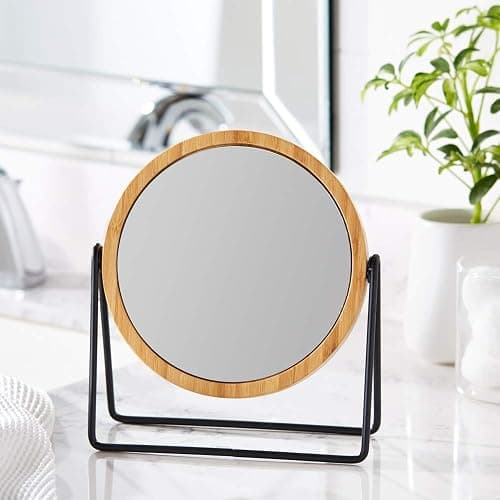 Amazon Basics Vanity Round Tabletop Mirror with Bamboo Rim, Double Sided Magnifying, 360° Rotation, Black, 7.2"L x 2.87"W thumbnail 2