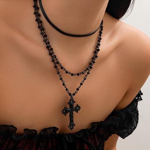ZDPIQ Gothic Layered Cross Choker Necklace Black beaded Cross Pendant Choker Gothic Punk Emo Grunge Necklaces Christmas Halloween Costume Jewelry Gift for Women thumbnail 4