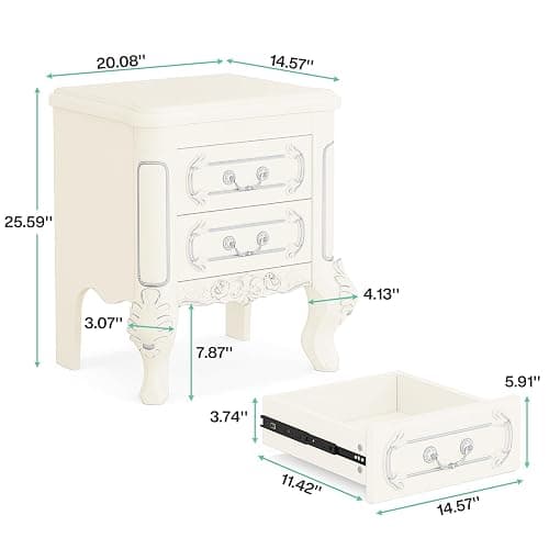 Tribesigns White Nightstand, End Table with 2 Drawers, Carved Bedside Tables, Side Table for Bedroom, Classic Bedroom Furniture, Night Stand White thumbnail 2