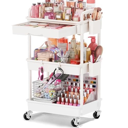 Goovilla Rolling Makeup Organizer Cart with Removable Drawer, 3 Tier White | Stable Floor Skincare Storage Cart for Vanity, Cosmetic Display, Nail Polish, Perfume, Hair Stuff, Beauty, Bathroom(Plastic) - Image 1
