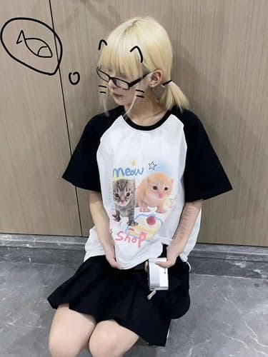 Women's Kawaii Cat Print T-Shirts Cartoon Letter Japan Style Kitten Short Sleeve Cute Print Tops Sweet Girl Y2k Tee Tops thumbnail 3