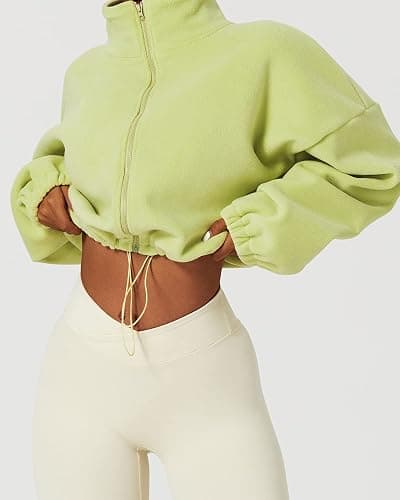 QINSEN Women's Full Zip Fleece Short Jacket Warm Winter Long Sleeve Stand Collar Sherpa Crop Coat thumbnail 3
