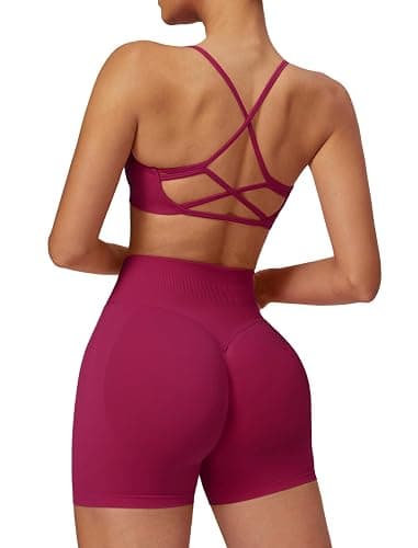 ABOCIW 2 Piece Seamless Workout Sets for Women Scoop Neck Strappy Sports Bra Scrunch Butt Lifting Gym Impact Shorts - Image 1