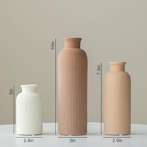 Modern Ceramic Vase Set, Earth Tone Natural Color Ribbed Matte Design, 3-Piece Decorative Vases for Home, Living Room, Office (Coffee Mix) thumbnail 2