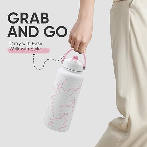 32 oz Insulated Water Bottle with Straw, Bow Water Bottle Stainless Steel with Flip Straw and Handle, Leak Proof, Metal, Reusable, Wide Mouth, for Travel, Gym and School (Breeze Pink Bow) thumbnail 6