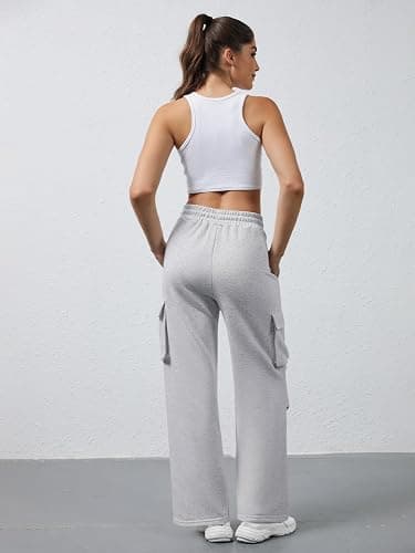 DLOODA Wide Leg Cargo Sweatpants Women Drawstring High Waisted Baggy Sweat Pants Stretchy Cotton Pants with Pockets thumbnail 3