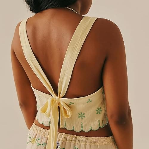Hesaco Floral Embroidery Tie Back Summer Tank Tops for Women Sleeveless Crop Tops Y2k 2000s Going Out Coquette Clothes thumbnail 5