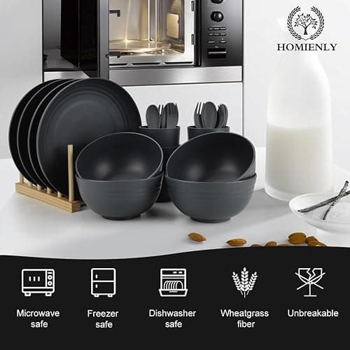 Homienly Wheat Straw Dinnerware Sets, Homienly 20pcs Unbreakable Microwave Dishwasher Safe Tableware Lightweight Bowls, Cups, Plates Set Reusable Dinner Plates Bowls set (Matte Black) thumbnail 3