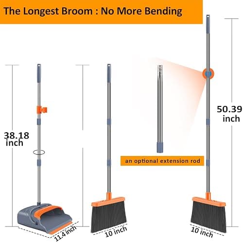 kelamayi Upgrade Broom and Dustpan Set, Self-Cleaning with Dustpan Teeth, Indoor&Outdoor Sweeping, Ideal for Dog Cat Pets Home Use, Stand Up Broom and Dustpan (Gray&Orange) thumbnail 3