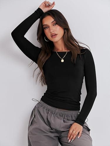 ANRABESS Women’s Long Sleeve Shirts Tight Fitted Going Out Crop Tops Crewneck Basic Tee Y2k Fall Outfits Teens Girls Clothes thumbnail 7