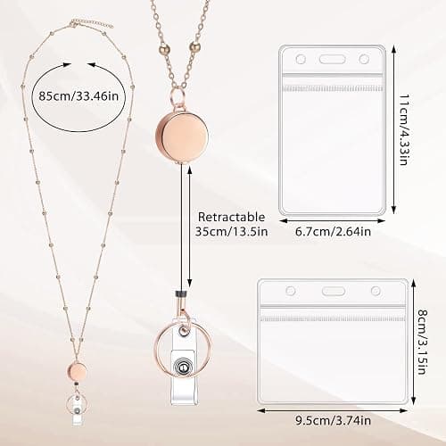 Rose Gold Lanyards for Id Badges Stainless Steel Badge Lanyard with 2 Pcs Waterproof Id Holder Retractable Badge Lanyards Teacher Lanyard for Cruise Ship Key Cards Badges thumbnail 3