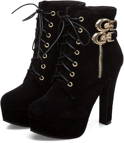ForeMode Women's Goth Leather Block Heel Ankle Boots Fashion Studded Ankle Strap Trim Punk Boots - 8 - Black-c-4