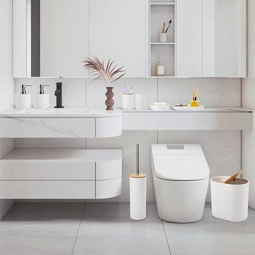 XLHOMO White Bathroom Set, White Bathroom Accessories Set with Trash Can, 2PCS Soap Dispensers, Soap Dish, Toothbrush Holder, Toothbrush Cup,Toilet Brush, Tray and Qtip Holders for Bathroom Decor thumbnail 7