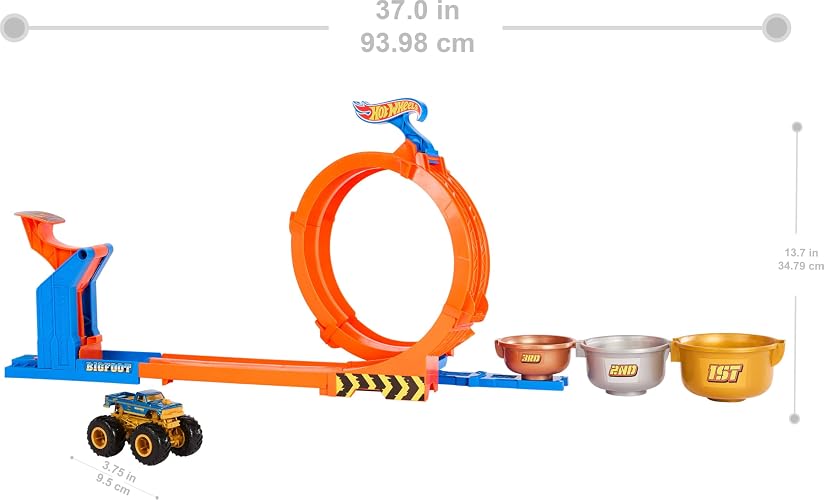 Hot Wheels Monster Trucks Toy Truck & Track Set, Loop-and-Flip Trophy Challenge Playset & 1:64 Scale 50th Anniversary Die-Cast Bigfoot, 2 Ways to Play thumbnail 2