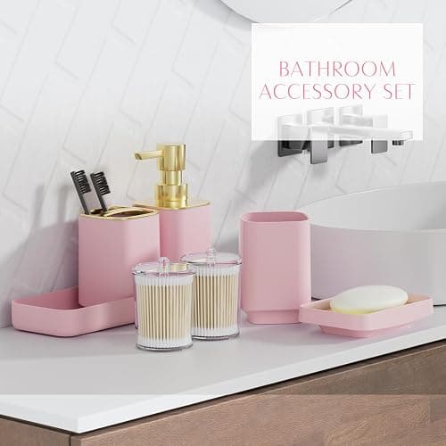9PCS Bathroom Accessory Set, Pink Bathroom Set with Large-Capacity 4 Gallon Trash Can, Bathroom Accessories Set Complete, Toothbrush Holder, Soap Dispenser, Toilet Brush, Bathroom Decor thumbnail 4