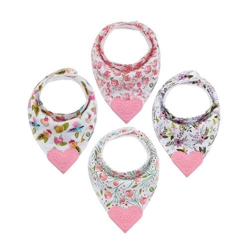 Pickle & Olive Baby Bandana Teething Bibs with Attached Teether- Set of 4 - Floral - Image 1