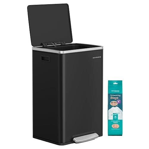 SONGMICS Kitchen Bin 50 L, with 15 Bin Bags, Stainless Steel, Removable Plastic Inner Bucket, with Lid, Handles, Soft Close, Ink Black LTB595B01 - Image 1