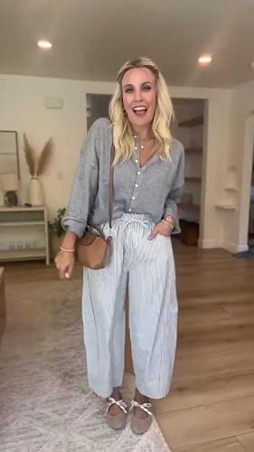 IQSQSQ Women’s Barrel Pants Striped High Rise Wide Leg Baggy Jeans with Drawstring & Pockets for Daily Wear Casual Pants thumbnail 4