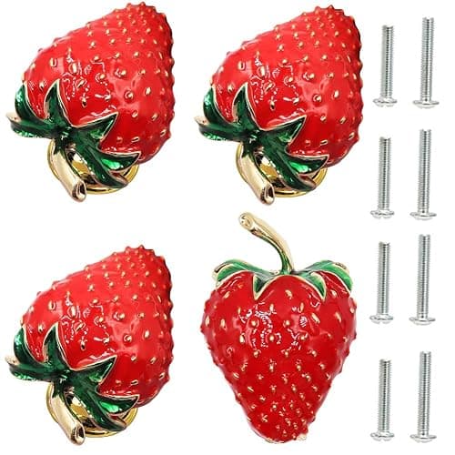 glrovazas Cabinet Knobs Strawberry Knobs, 4 Pcs Creative Fruit Shape Handle Decorative Furniture Door Pull for Cabinet Wardrobe Drawer Bedside Table - Image 1