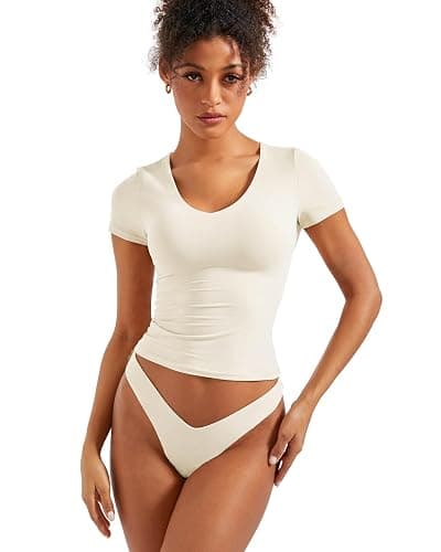 SUUKSESS Women Double Lined Fitted Basic Tee Sexy V Neck Short Sleeve Y2K Crop Top - Image 1