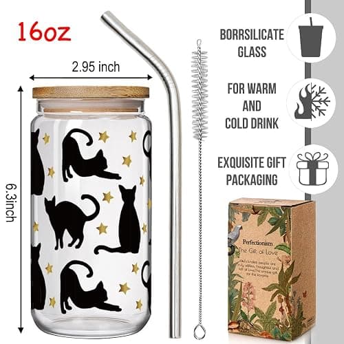 Enanaimg Black Cat 16oz Glass Cup With Lids and Straw Christmas Gifts for Cat Lovers Women Girls, Crazy Cats Lady Cup Gift for Friend Mom Mothers Day Bestie, Graduation Gifts for Friends thumbnail 6
