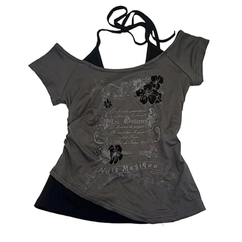 Emo Grunge Shirts Women 2000s Graphic Baby Tees Fake Two Piece Short Sleeve Vintage Y2k Crop Top Goth Alt Clothes - Grey Flower - Large